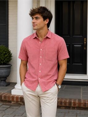 Scappino‎ Italy Custom Fit Short Sleeve Button Up Men's Shirt Large Red Cotton